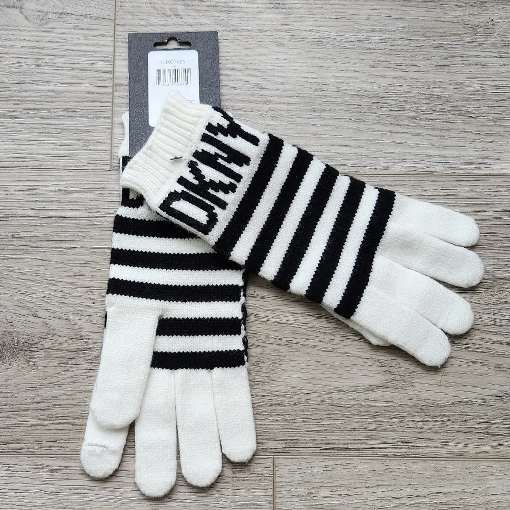 DKNY Striped Black and White Gloves Womens One Size Winter Cozy